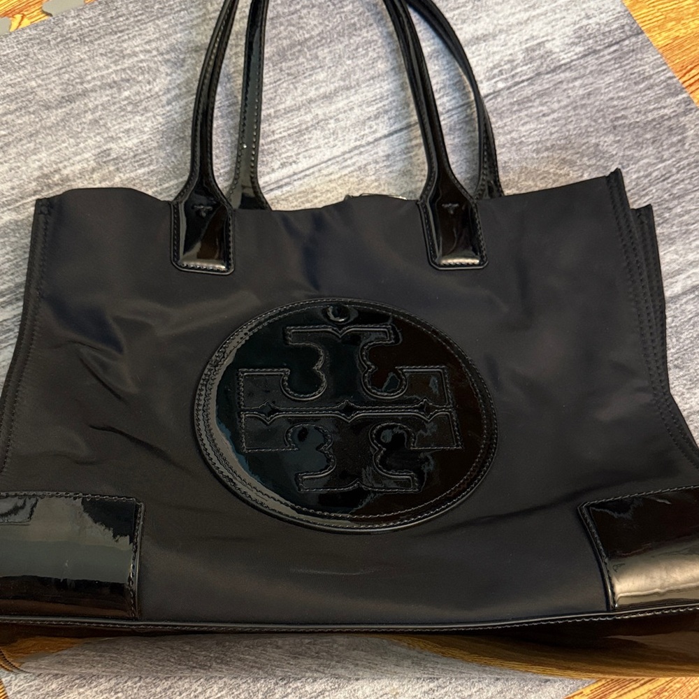 Tory Burch Mini Ella Black Patent Leather Trim Tote